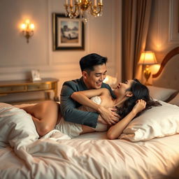 An intimate and romantic scene in a beautifully decorated bedroom, where a Chinese man is lying down, closely embracing a sexy woman in a passionate moment of love