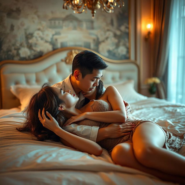 An intimate and romantic scene in a beautifully decorated bedroom, where a Chinese man is lying down, closely embracing a sexy woman in a passionate moment of love