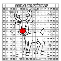 A Santa's reindeer coloring page designed with a grid of 25 squares by 25 squares, each square containing areas to color in