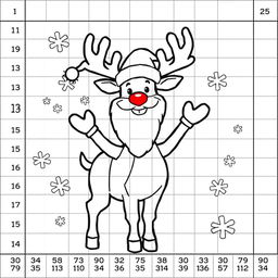 A Santa's reindeer coloring page designed with a grid of 25 squares by 25 squares, each square containing areas to color in