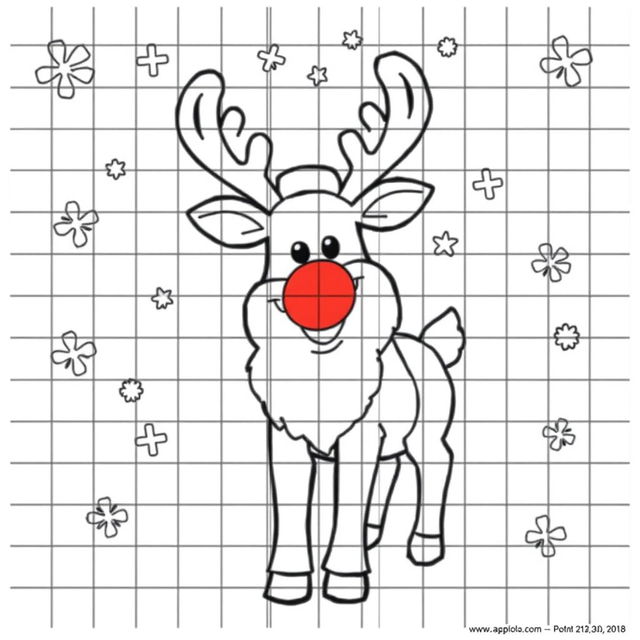 A Santa's reindeer coloring page designed with a grid of 25 squares by 25 squares, each square containing areas to color in