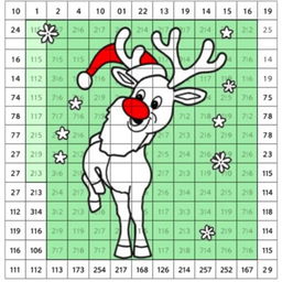 A Santa's reindeer coloring page designed with a grid of 25 squares by 25 squares, each square containing areas to color in