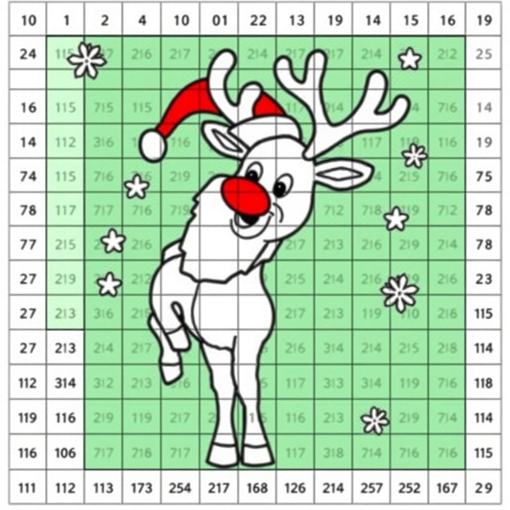 A Santa's reindeer coloring page designed with a grid of 25 squares by 25 squares, each square containing areas to color in