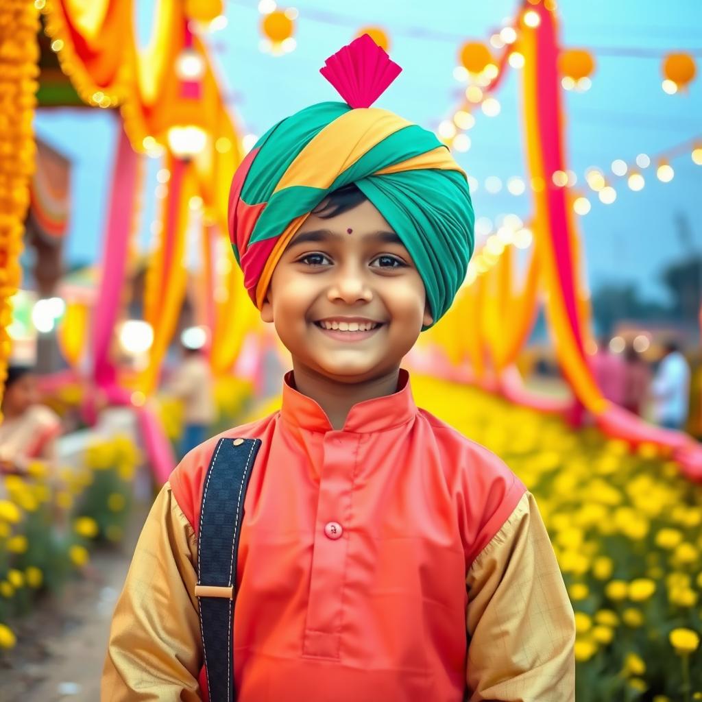 A young Punjabi boy, dressed in traditional vibrant attire, showcasing a colorful turban and a kurta