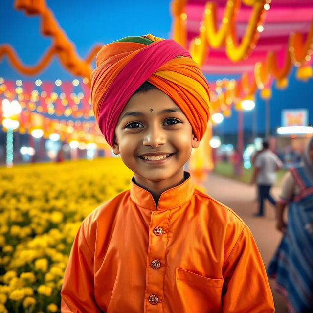 A young Punjabi boy, dressed in traditional vibrant attire, showcasing a colorful turban and a kurta