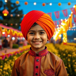 A young Punjabi boy, dressed in traditional vibrant attire, showcasing a colorful turban and a kurta