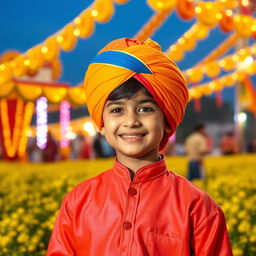A young Punjabi boy, dressed in traditional vibrant attire, showcasing a colorful turban and a kurta