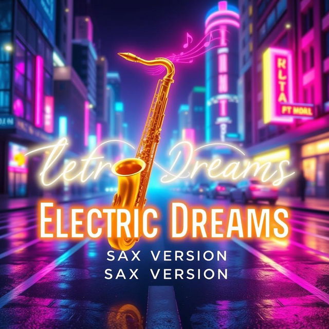 A dreamy and eye-catching YouTube thumbnail for the song 'Electric Dreams (Sax Version)', featuring a glowing cityscape with vibrant neon hues of electric blue, pink, and purple, creating a futuristic metropolis atmosphere
