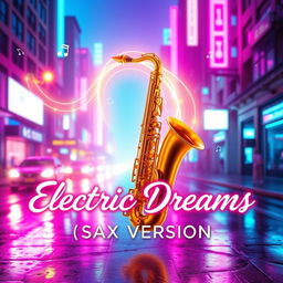 A dreamy and eye-catching YouTube thumbnail for the song 'Electric Dreams (Sax Version)', featuring a glowing cityscape with vibrant neon hues of electric blue, pink, and purple, creating a futuristic metropolis atmosphere