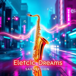 A dreamy and eye-catching YouTube thumbnail for the song 'Electric Dreams (Sax Version)', featuring a glowing cityscape with vibrant neon hues of electric blue, pink, and purple, creating a futuristic metropolis atmosphere