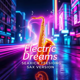 A dreamy and eye-catching YouTube thumbnail for the song 'Electric Dreams (Sax Version)', featuring a glowing cityscape with vibrant neon hues of electric blue, pink, and purple, creating a futuristic metropolis atmosphere