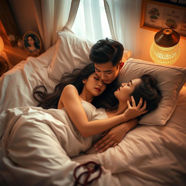 A romantic and intimate scene featuring a Chinese man lying down in a cozy bedroom, passionately making love to a beautiful woman
