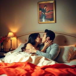 A romantic scene in a cozy bedroom featuring a handsome Chinese man and an attractive woman passionately embracing each other while lying on a comfortable bed
