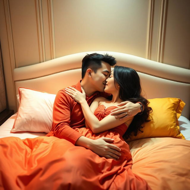 A romantic scene in a cozy bedroom featuring a handsome Chinese man and an attractive woman passionately embracing each other while lying on a comfortable bed