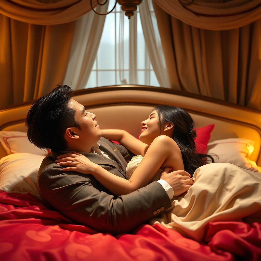 A romantic scene in a cozy bedroom featuring a handsome Chinese man and an attractive woman passionately embracing each other while lying on a comfortable bed
