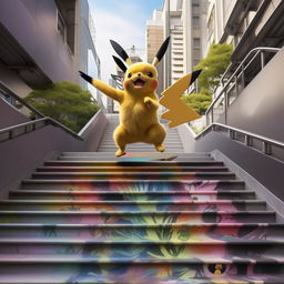 Pikachu performing a tre flip with a skateboard down an imposing stair set in the heart of Tokyo