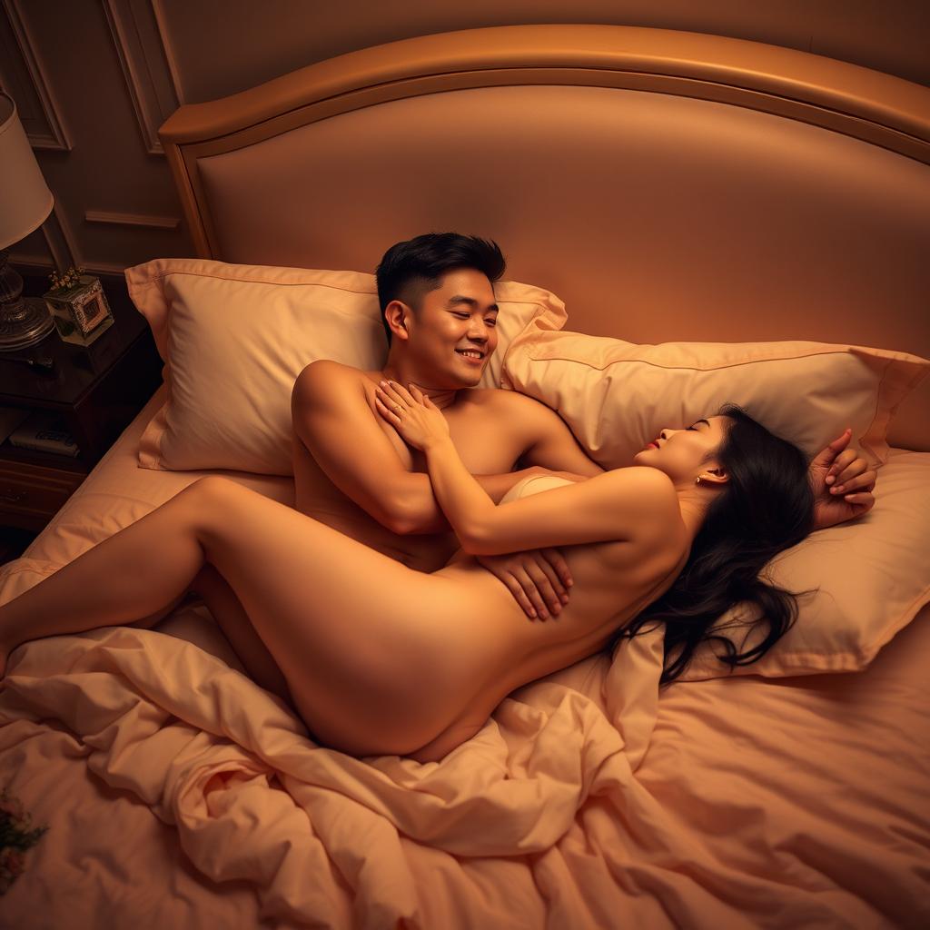 A romantic and intimate scene in a softly lit bedroom featuring a naked Chinese man lying down with a beautiful woman, as they share a passionate embrace