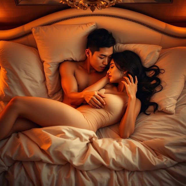 A romantic and intimate scene in a softly lit bedroom featuring a naked Chinese man lying down with a beautiful woman, as they share a passionate embrace