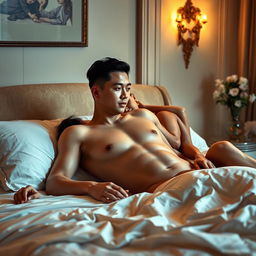 A sensual scene depicting an intimate moment between a naked Chinese man and a curvaceous, sexy woman in a beautifully decorated bedroom