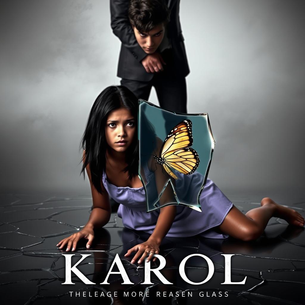 A unique book cover featuring a moody scene where Karol is kneeling on a foreground broken glass surface, wearing a simple lilac dress
