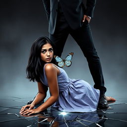 A unique book cover featuring a moody scene where Karol is kneeling on a foreground broken glass surface, wearing a simple lilac dress