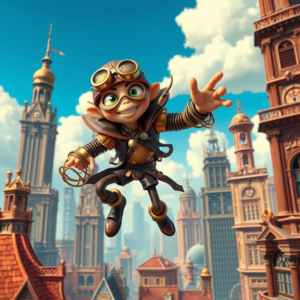 A whimsical clockwork thief with springy arms, in a vibrant steampunk cityscape