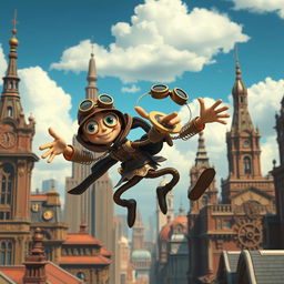 A whimsical clockwork thief with springy arms, in a vibrant steampunk cityscape