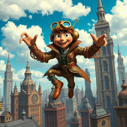 A whimsical clockwork thief with springy arms, in a vibrant steampunk cityscape