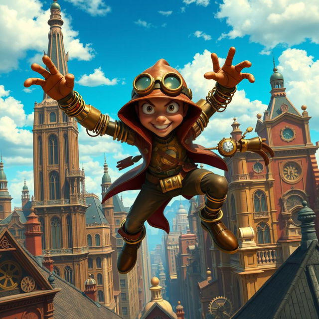 A whimsical clockwork thief with springy arms, in a vibrant steampunk cityscape