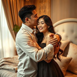 A tender and romantic moment featuring a Chinese man hugging and kissing a beautiful woman in a cozy bedroom