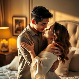 A tender and romantic moment featuring a Chinese man hugging and kissing a beautiful woman in a cozy bedroom