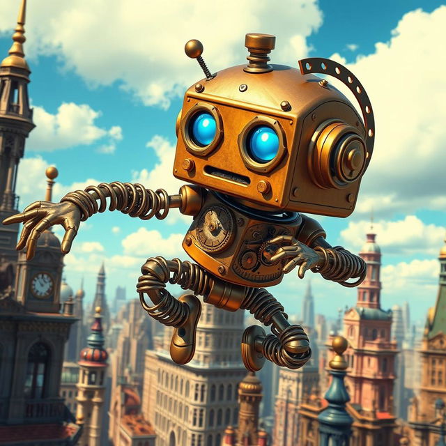 A whimsical clockwork robot thief with springy arms, set in a vibrant steampunk cityscape