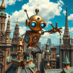 A whimsical clockwork robot thief with springy arms, set in a vibrant steampunk cityscape