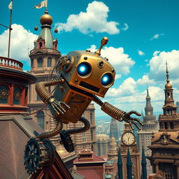 A whimsical clockwork robot thief with springy arms, set in a vibrant steampunk cityscape