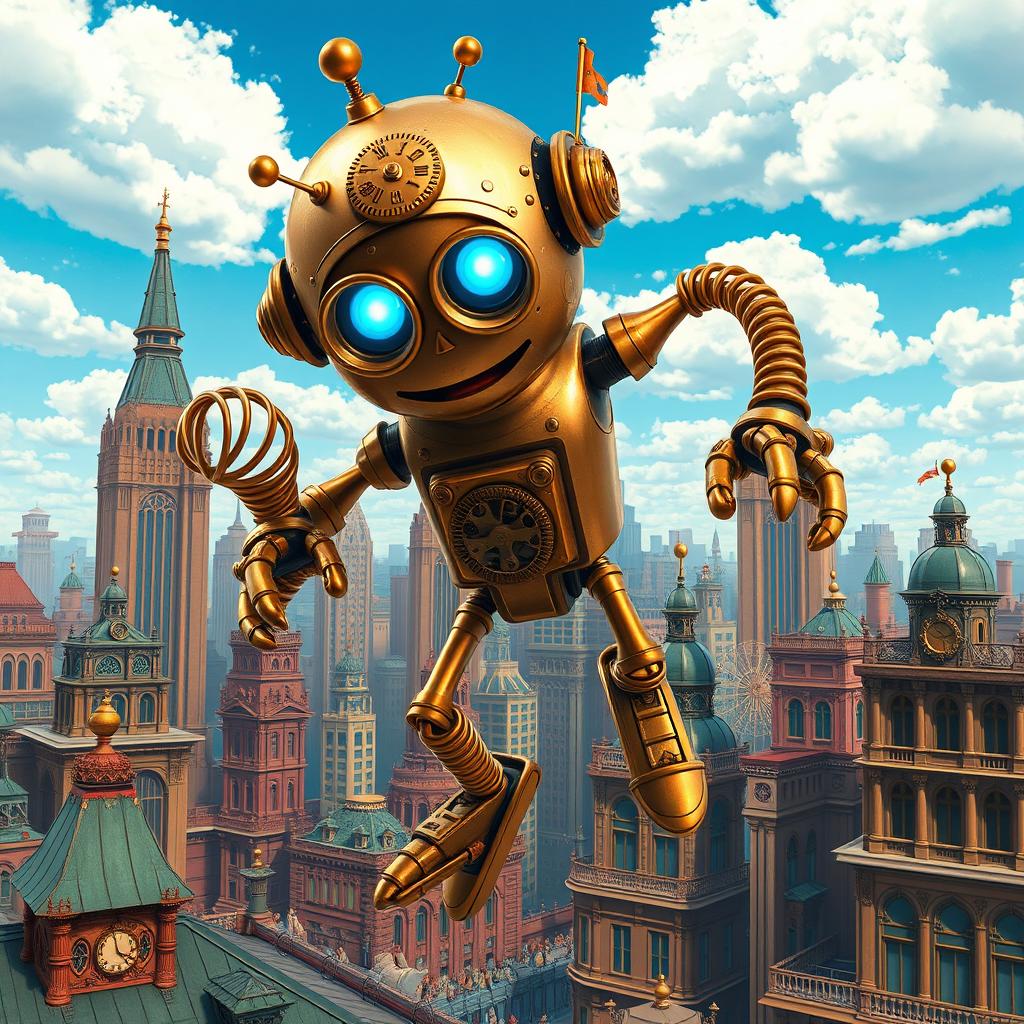 A whimsical clockwork robot thief with springy arms, set in a vibrant steampunk cityscape