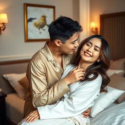 A charming scene featuring a Chinese man in stylish pajamas kissing a beautiful woman in a cozy bedroom