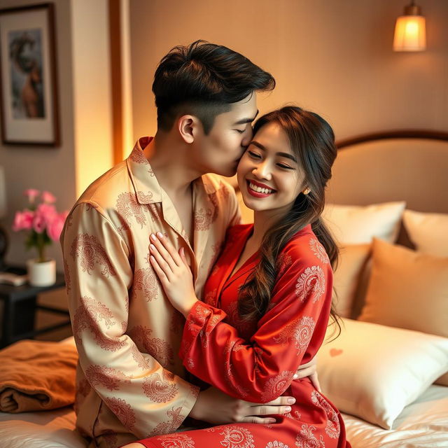 A charming scene featuring a Chinese man in stylish pajamas kissing a beautiful woman in a cozy bedroom