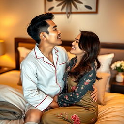 A charming scene featuring a Chinese man in stylish pajamas kissing a beautiful woman in a cozy bedroom