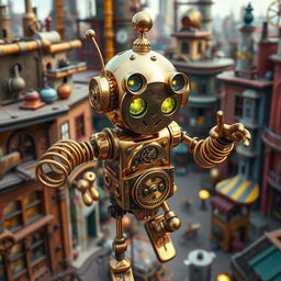 A charming clockwork robot thief with springy arms, set against a colorful steampunk city backdrop