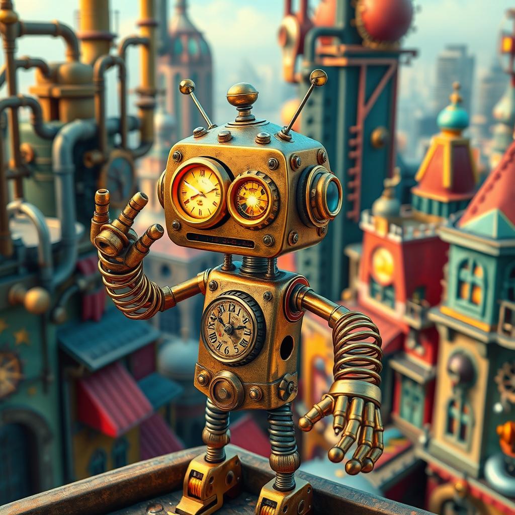 A charming clockwork robot thief with springy arms, set against a colorful steampunk city backdrop