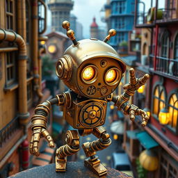 A charming clockwork robot thief with springy arms, set against a colorful steampunk city backdrop