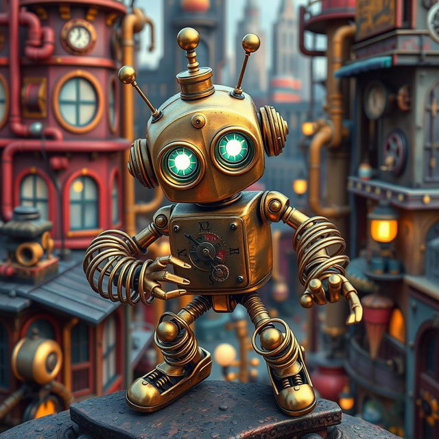 A charming clockwork robot thief with springy arms, set against a colorful steampunk city backdrop