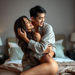 An intimate and affectionate scene featuring a Chinese man dressed in stylish pajamas, tenderly hugging and kissing a beautiful and sexy woman in a cozy bedroom