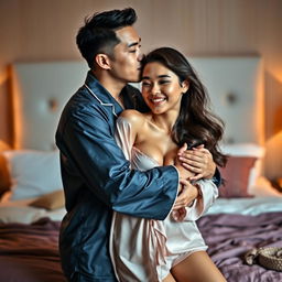 An intimate and affectionate scene featuring a Chinese man dressed in stylish pajamas, tenderly hugging and kissing a beautiful and sexy woman in a cozy bedroom