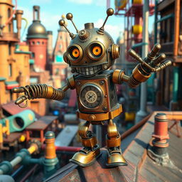 A whimsical clockwork robot thief with springy arms, set against a lively steampunk city backdrop