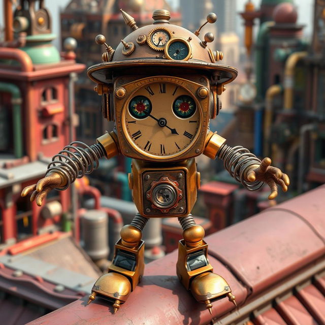 A whimsical clockwork robot thief with springy arms, set against a lively steampunk city backdrop