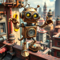 A whimsical clockwork robot thief with springy arms, set against a lively steampunk city backdrop