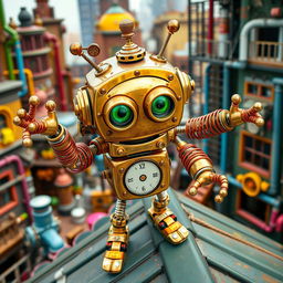 A whimsical clockwork robot thief with springy arms, set against a lively steampunk city backdrop