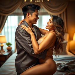 An intimate and romantic scene featuring a Chinese man wearing stylish pajamas, lovingly hugging and kissing a beautiful, sexy woman in a cozy bedroom