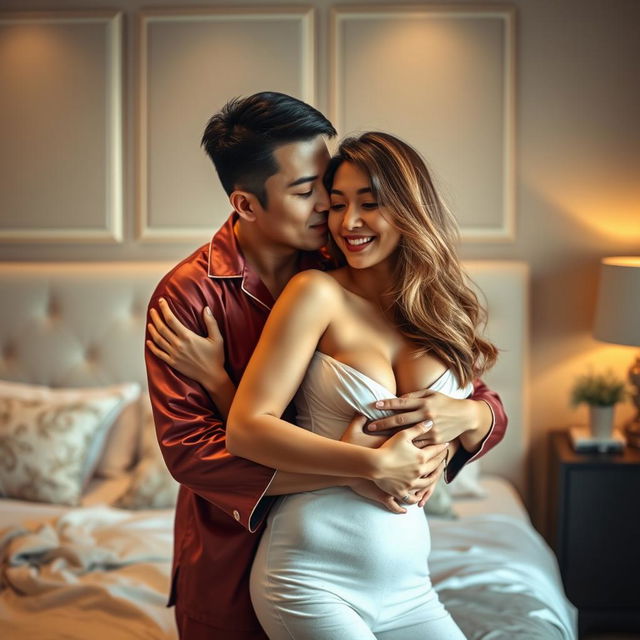 An intimate and romantic scene featuring a Chinese man wearing stylish pajamas, lovingly hugging and kissing a beautiful, sexy woman in a cozy bedroom